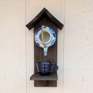 Rustic Wooden Handcrafted Bird Feeder Teapot Blue Bird Cafe